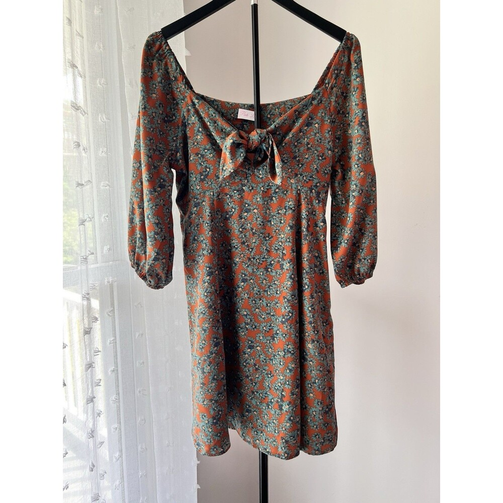 Womens Pink Lily M Floral CottageCore Rust Orange Blue Dress 3/4 Slv Tie Front